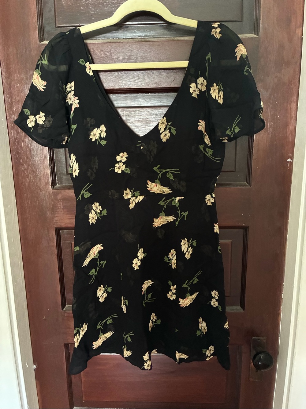 Vintage Reformation Black Floral V-Neck Mini Dress